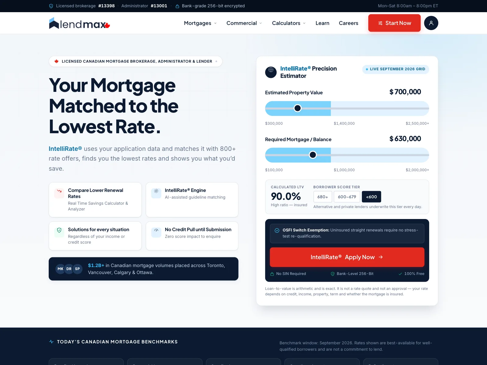 Lendmax mortgage website home page with a rate estimator